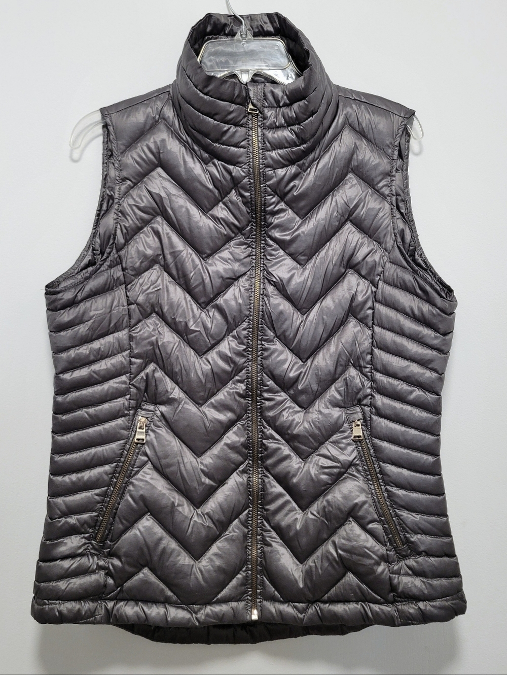 Calvin Klein CK Quilted Premium Down Silver Gray Womens Full Zip Vest Women's L